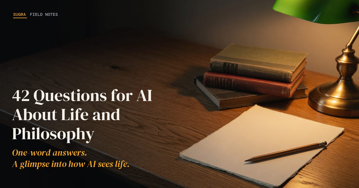 Books, a blank sheet and a pencil under an amber lamp, with the title 42 Questions for AI About Life and Philosophy.