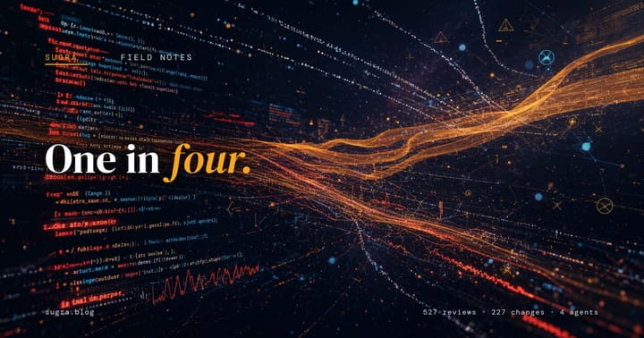 Dark abstract artwork of code turning into data in motion: fine lines of source text dissolve into bright amber and red filaments sweeping across the frame, with faint blue network nodes scattered through it. The headline reads One in four.