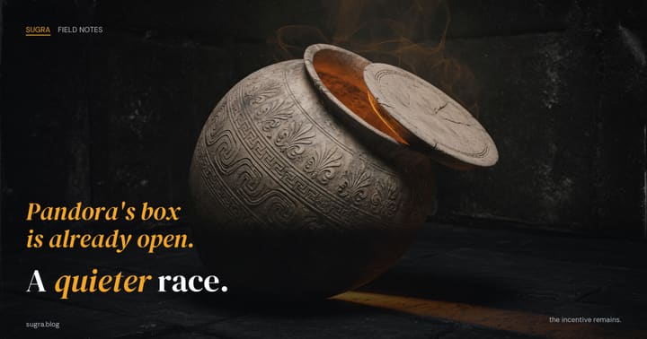 An ancient Greek pithos of fired clay, lid sliding off, amber light spilling from the mouth. Field Notes lockup. Headline: Pandora's box is already open. A quieter race.