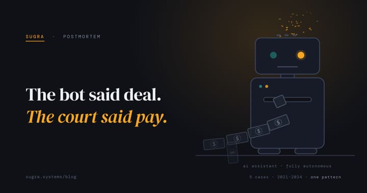 The bot said deal, the court said pay: a geometric robot feeding dollar bills into a slot in its chest while amber sparks rise from its head vents, captioned ai assistant, fully autonomous.