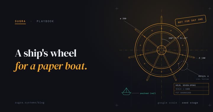 Engineering blueprint of a seven-spoke ship's wheel in amber hairlines, with dimension callouts, an inspection stamp reading NOT FOR DAY ONE, and a tiny teal paper boat marked payload (ref).