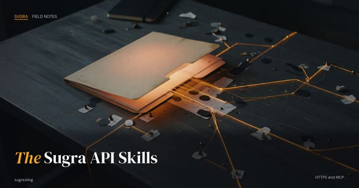 A folder on a dark desk, amber light spilling out as a map of routes. Field Notes lockup. Headline: The Sugra API Skills.