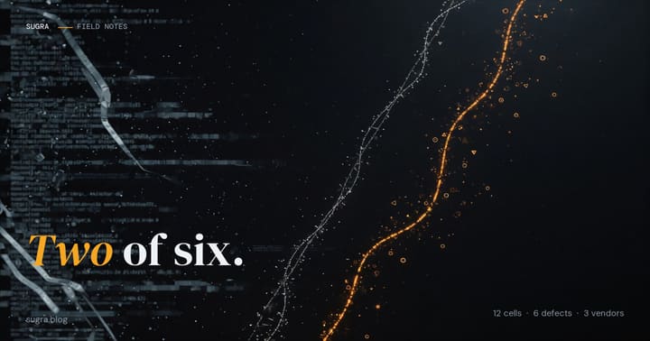 Dark Field Notes cover: source code dissolving into two streams of light, a thin filament and a thicker amber ribbon. The headline reads Two of six.