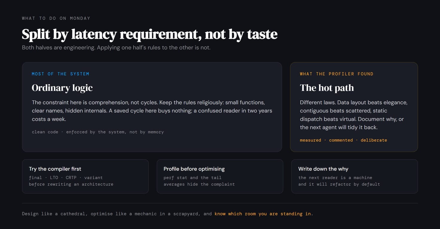 Split by latency requirement: ordinary logic where the rules hold, and the hot path where different laws apply