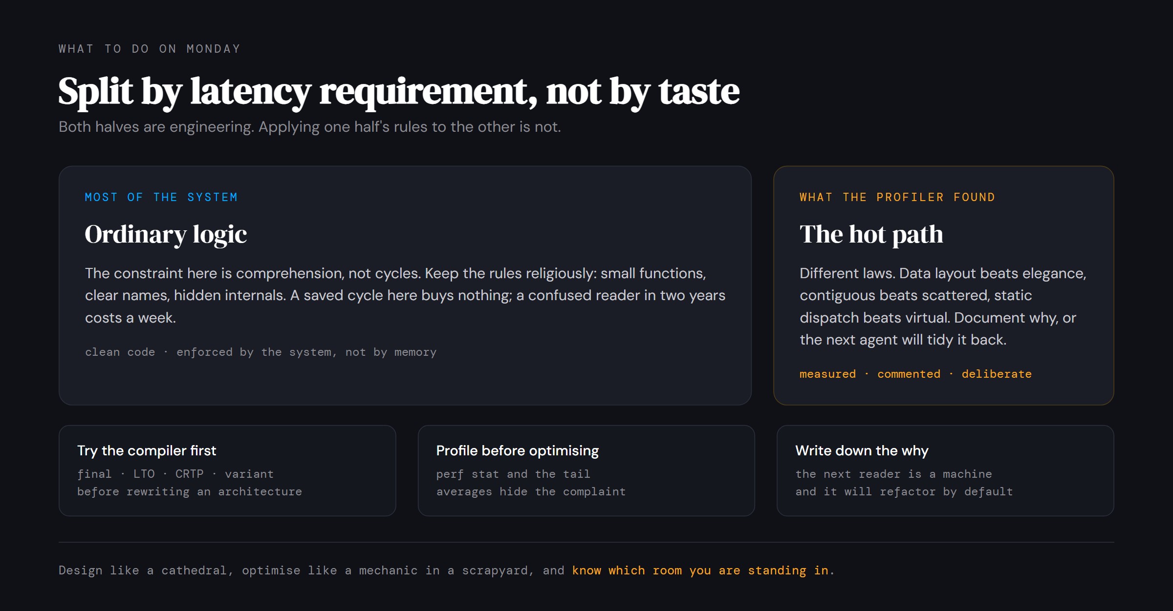 Split by latency requirement: ordinary logic where the rules hold, and the hot path where different laws apply