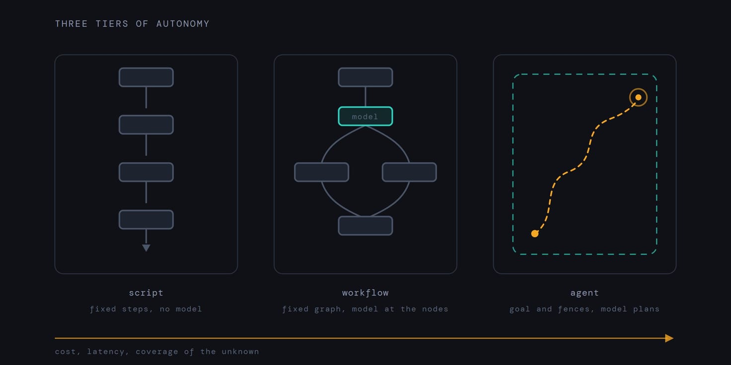 Three tiers of autonomy: a script as a fixed chain of steps, a workflow as a fixed graph with the model deciding at one node, an agent as an amber path exploring inside a fenced sandbox
