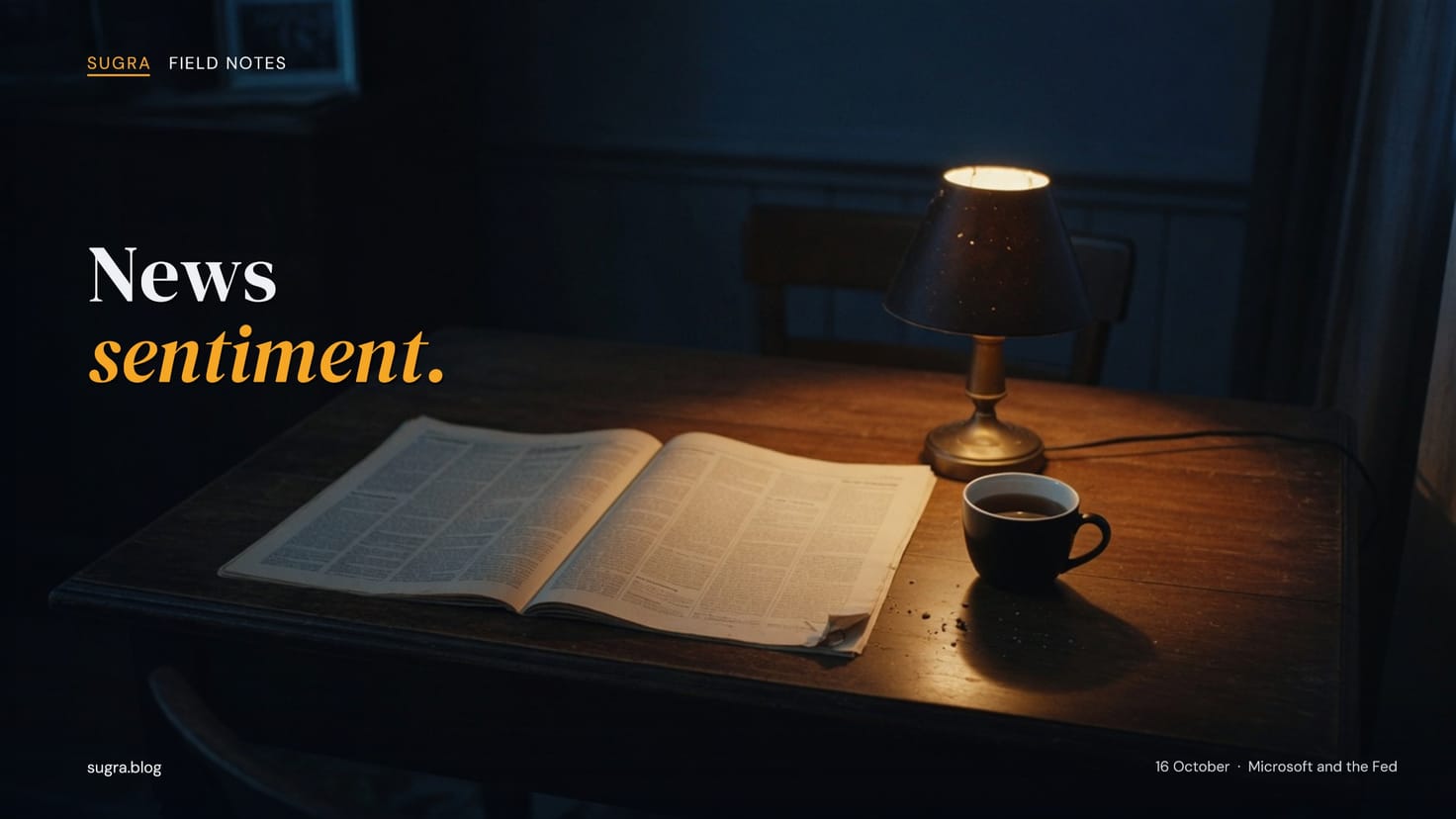 A newspaper open under a warm lamp on a dark desk at night, with the Field Notes line News sentiment.