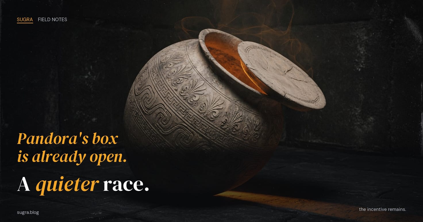 An ancient Greek pithos of fired clay, lid sliding off, amber light spilling from the mouth. Field Notes lockup. Headline: Pandora's box is already open. A quieter race.