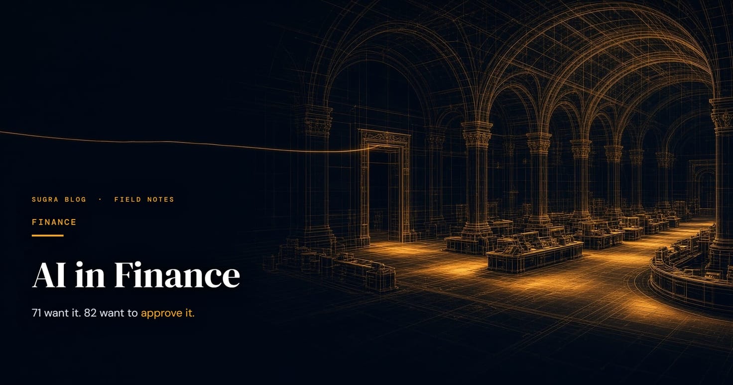 A great banking hall drawn as fine amber wireframe: vaulted arches, columns and rows of ledger desks all glowing inside, with a single thin amber thread running out through the doorway into empty darkness. Title: AI in Finance. 71 want it, 82 want to approve it.