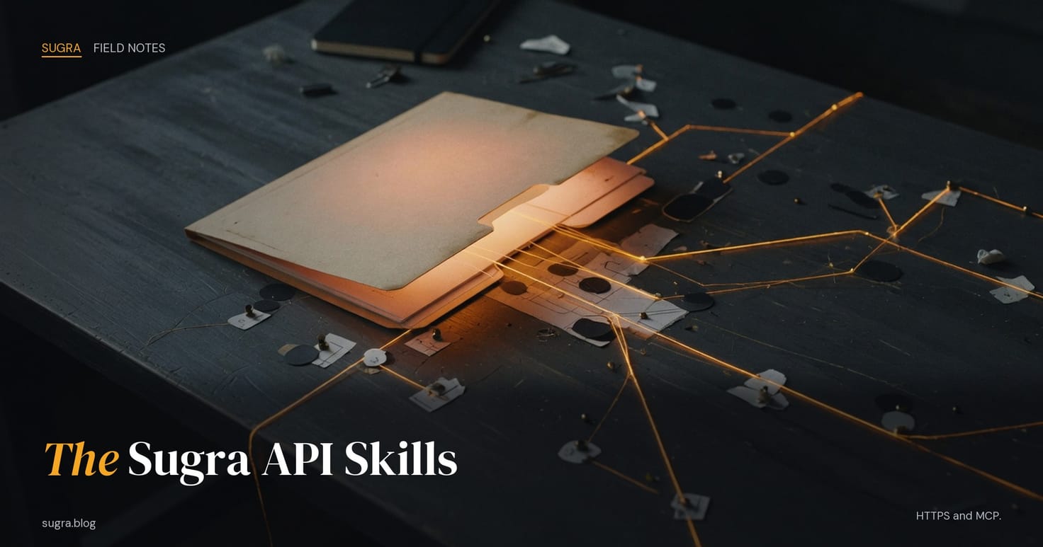A folder on a dark desk, amber light spilling out as a map of routes. Field Notes lockup. Headline: The Sugra API Skills.