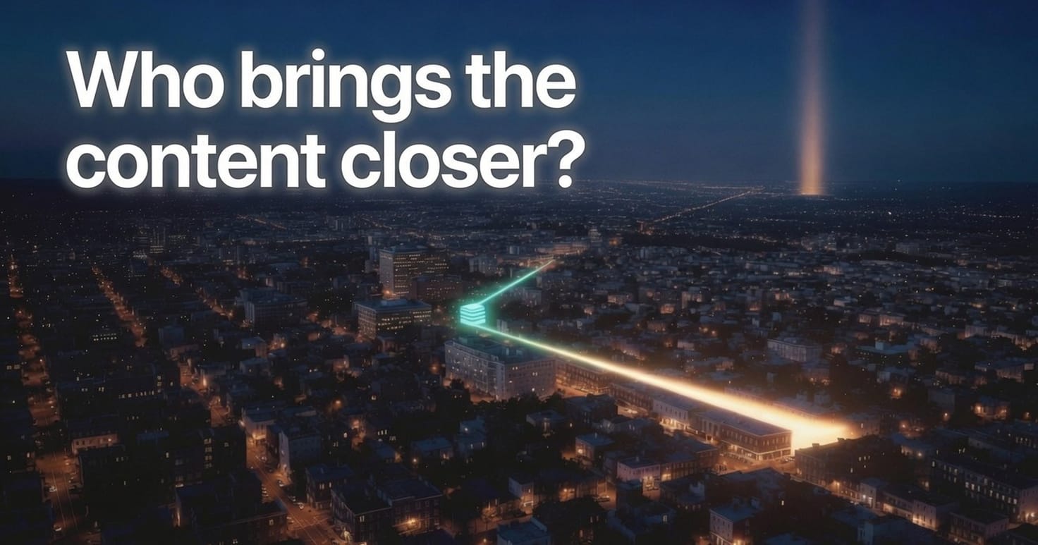 Night city with a data-center mark and two beams of light. Headline: Who brings the content closer?