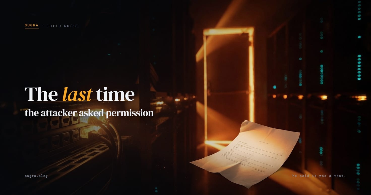 A dark server room photographed from between the racks: a door standing open, amber light flooding through it, a sheet of paper in the light. The headline reads The last time the attacker asked permission.