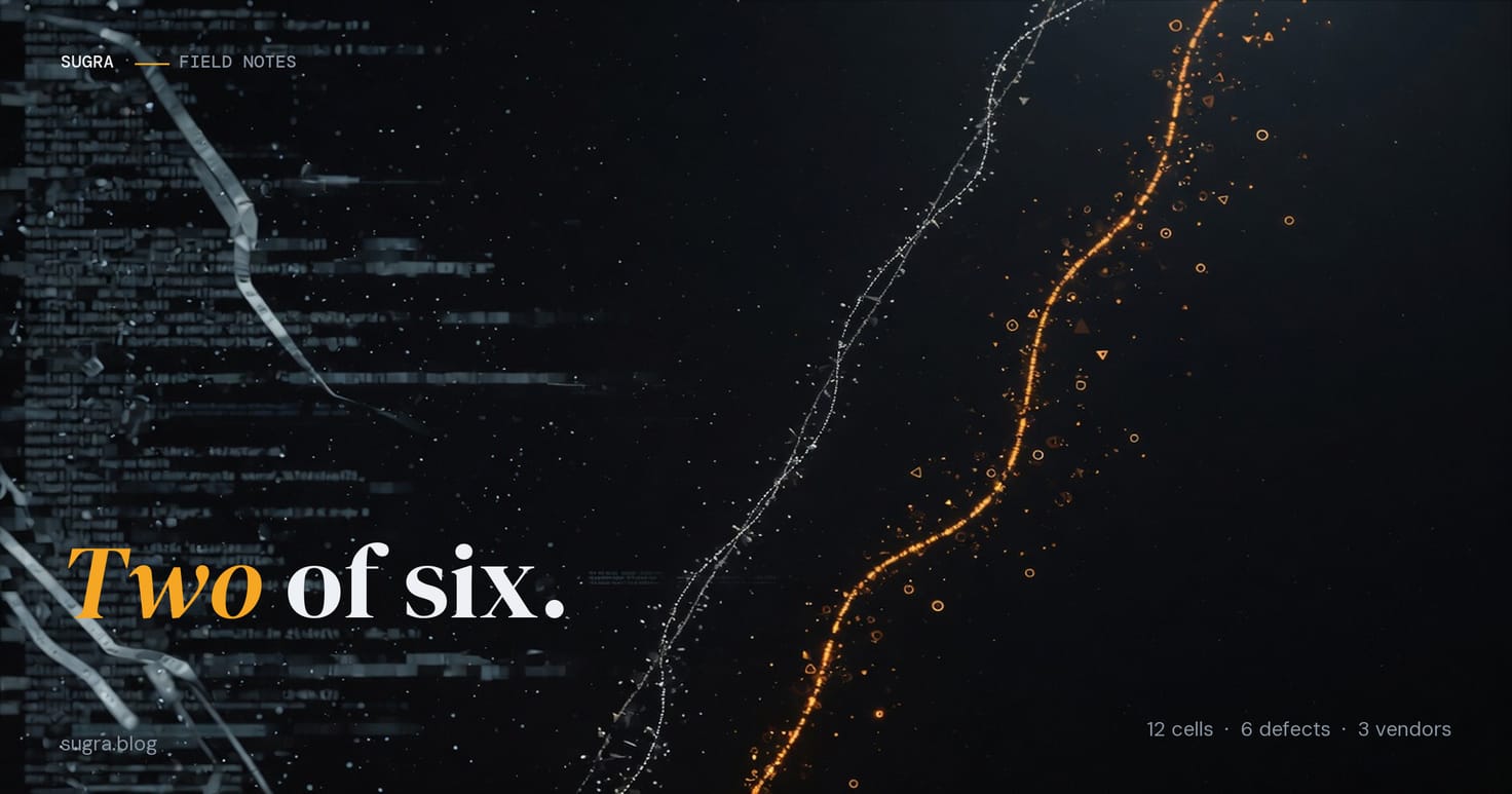 Dark Field Notes cover: source code dissolving into two streams of light, a thin filament and a thicker amber ribbon. The headline reads Two of six.